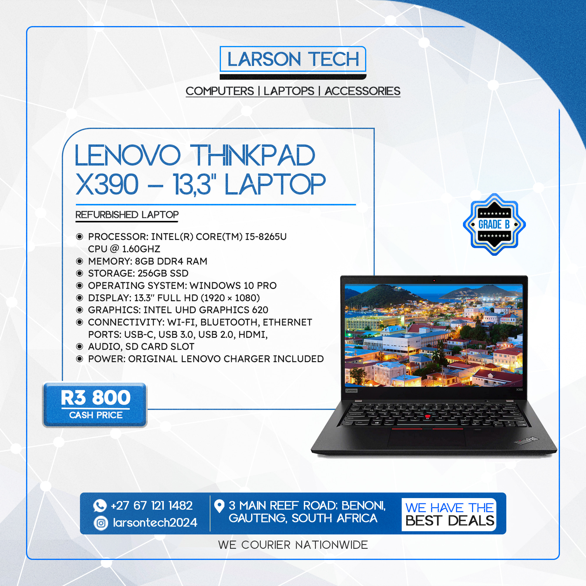 Lenovo ThinkPad X390 i5 8th Gen 8GB RAM 256GB SSD 13.3" Full HD Windows 11 Pro Laptop Refurbished
